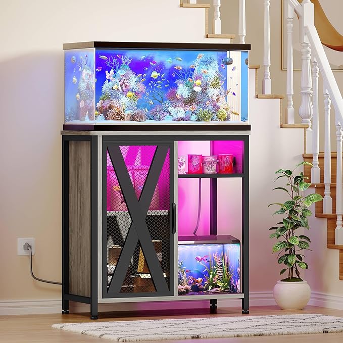 YITAHOME Fish Tank Stand with Power Outlets & LED Light, 20-29 Gallon Metal Aquarium Stand with Cabinet for Fish Tank Accessories Storage for Turtle Tank, Reptile Terrarium, 350LBS Capacity, Grey YITAHOME