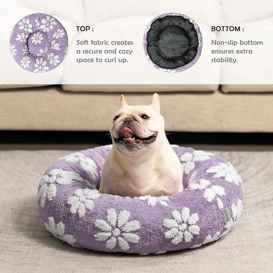 Donut Dog Beds for Small Dogs, Calming Round Cat Beds for Indoor Cats, Cute 3D Textured Flower Pet Bed with Removable Washable Cover and Anti-Slip Bottom(Purple,23") - PAWPICO