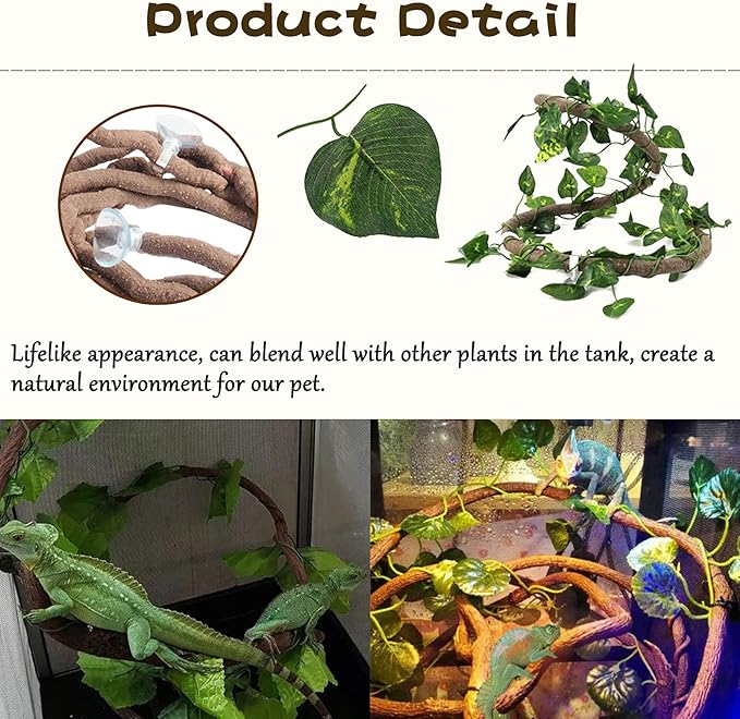 Tfwadmx Crested Gecko Tank Accessories 5Pcs Reptile Vines Plants Flexible Jungle Climbing Vine Gecko Coconut Coco Shell Hut Terrarium Plastic Plant Habitat Decor for Snake,Lizard,Hermit Crab Tfwadmx