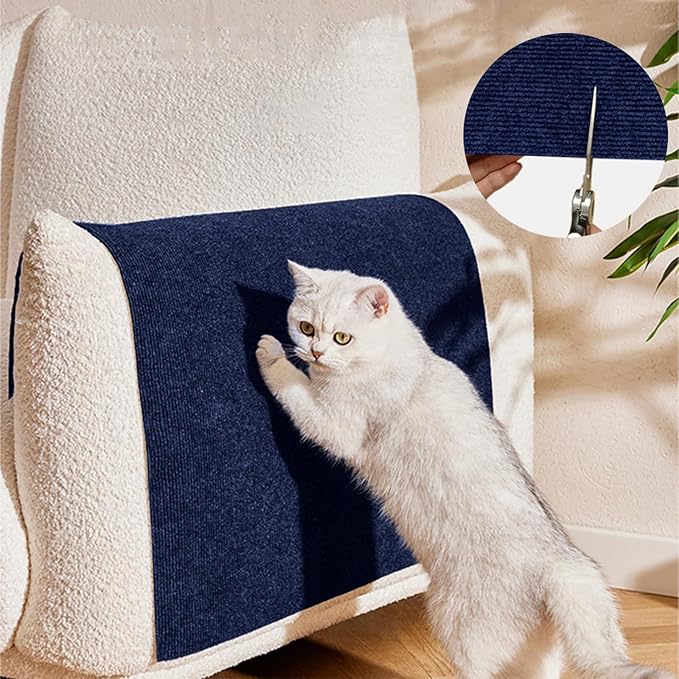 Cat Scratch Furniture Protector Pads with Self-Adhesive Backing, 98.5"X15.8" Navy Blue Randomly Cutting Trimmable Cat Scratch Carpet Mat Post Tree Shelves Cover Replacement for Sofa,Couch,Door,Corner - PAWPICO