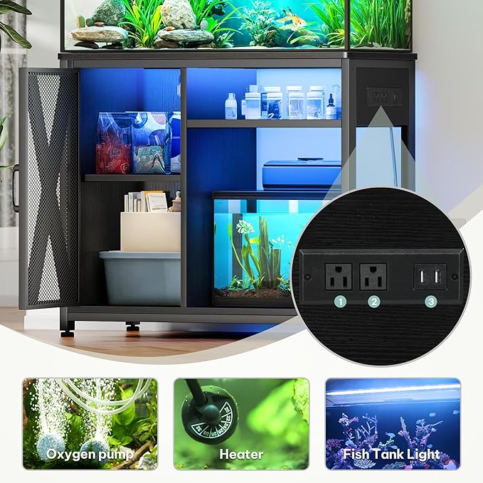YITAHOME Fish Tank Stand with Power Outlets & LED Light, 40-50 Gallon Metal Aquarium Stand with Cabinet for Fish Tank Accessories Storage for Turtle Tank, Reptile Terrarium, 660LBS Capacity, Black YITAHOME