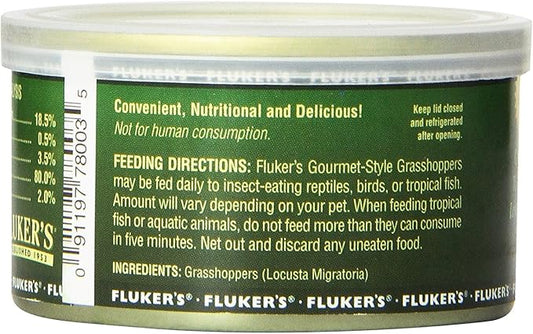 Fluker's Gourmet Canned Food for Reptiles, Fish, Birds and Small Animals, Grass Hoppers 1.2 oz Flukers