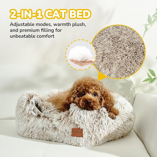 CATISM Cat Bed, Cat Cave for Indoor Cats, Soft Cat Dome, Self-Warming 2 in 1 Foldable Pet Cat House with Washable Cushioned Pillow Calming Fluffy Dog Beds for Small Dogs with Anti-Slip Bottom Brown - PAWPICO