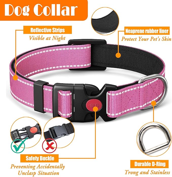 No Pull Dog Harness, Collar & Leash Set | Includes Dog Seat Belt, Collapsible Bowls & Poop Bag Dispenser. Ideal for Training, Walking, Hiking. Fits Small to Large Dogs(Pink-M) Lovebegetslove