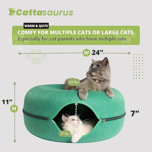 CATTASAURUS Peekaboo Cat Cave for Multiple & Large Cats Up to 30-45 Lbs, Scratch Detachable & Washable Tunnel Bed, Comfy Donut Cat Cave (Forest Green, Large) - PAWPICO