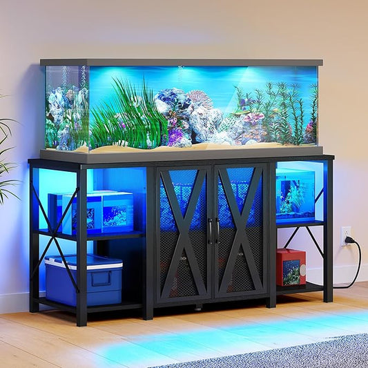 YITAHOME 90-120 Gallon Reptile Tank Stand with Power Outlet & LED Light, Heavy Duty Aquarium Stand with Accessories Storage Cabinet - Metal Fish Tank Stand for Turtle, Reptile, 2000LBS Capacity, Black YITAHOME