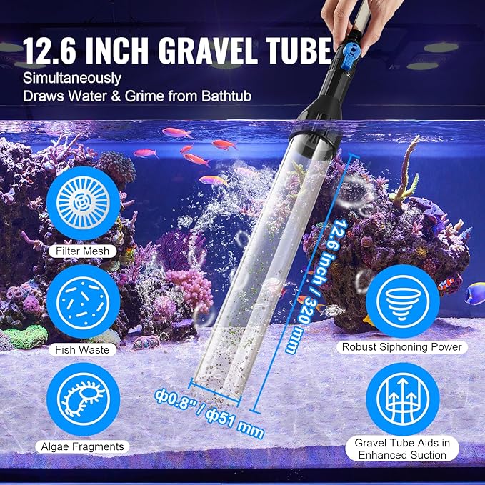 VEVOR Aquarium Vacuum Gravel Cleaner, 33 ft PVC Hose Fish Tank Vacuum Gravel Cleaner, Siphon Fish Tank Cleaner Vacuum, 3 Types of Brass Adapters, for Fish Tank Cleaning Gravel & Sand VEVOR