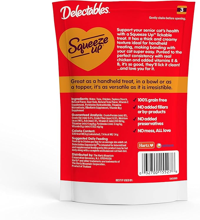 Delectables Squeeze Up Creamy Squeezable Puree, Lickable Wet Cat Treats, Grain Free, No Added Fillers, No By-Products, No Added Preservatives, 0.5 Ounces Tuna & Shrimp, 32 Tubes Total Hartz
