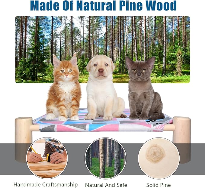 Cat/Dog Bed,Wooden Pet Hammock Bed,Elevated Breathable Dog Bed, Detachable Portable Indoor/Outdoor Cat Beds&Furniture,Suitable for Kitty,Puppy,Bunny and Small Animal(Color Triangle) - PAWPICO