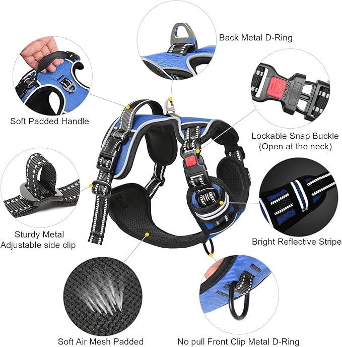 Timos Dog Harness for Large Dog, No Pull Service Vest with Reflective Strips and Control Handle,No Choke Dog Harness with 2 Metal Rings for Easy Walking,Outdoor Training,Blue, L Timos