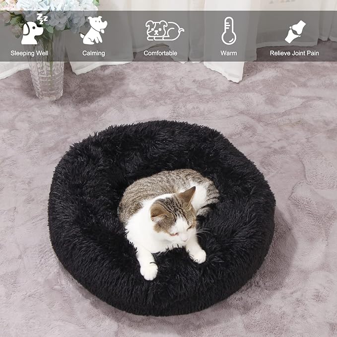 Black Dog Bed Washable,Fluffy Dog Beds for Small Dogs 19 inches Donut Soft Small Pet Bed,Calming Anti Anxiety Round Fits up to 10 lbs Warm Comfort Pets Beds for Puppy Dogs Indoor - PAWPICO