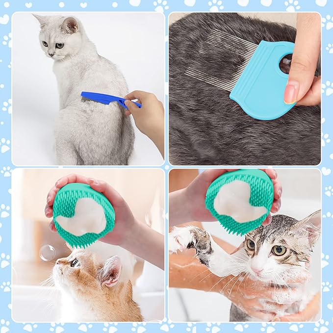 VCZONE 8 Pcs Cat Brush Grooming Kits, Pet Self Cleaning Kit with Pet Nail Clipper and File, Flea Comb, Pet Shampoo Bath Brush, Pet Shedding Brush, Silicone Toothbrush (Blue) - PAWPICO