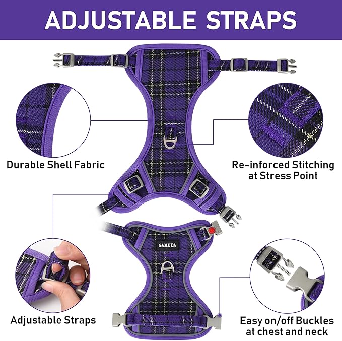 GAMUDA Dog Harness Collar and Leash Set, Dog Harness, No Chock No Pull Adjustable Vest Harnesses Plaid Reflective for Medium Dog, Cat, Small Horse, Small Bull and Pig (Purple, M) GAMUDACollarsCollection