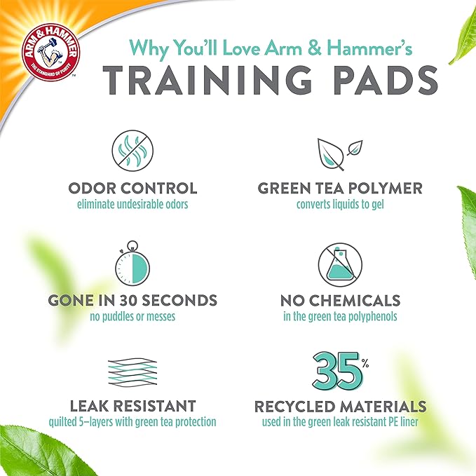 Arm & Hammer Green Tea Pet Training Pads Dog Training Pads with Super Absorbing and Arm & Hammer Baking Soda for 2X The Odor Control Leakproof & Recycled Training Pads for Dogs (100 Count) - PAWPICO