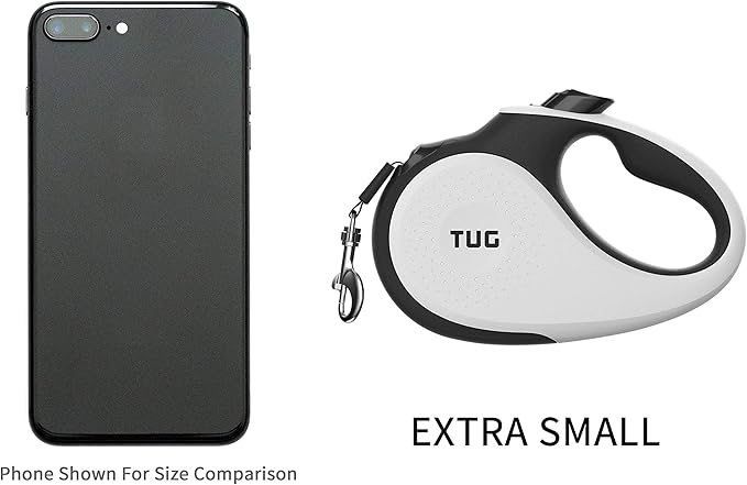 TUG Tiny 360° Tangle-Free Retractable Dog Leash with Anti-Slip Handle | 10 ft Nylon Tape| One-Handed Brake, Pause, Lock (White) TUG