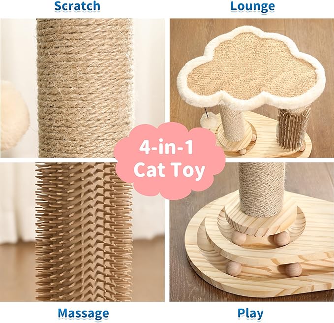 Made4Pets Cat Scratching Post, Cat Self Groomer for Indoor Cats, Cloud Soft Perch for Rest, 17.5" Tall Natural Sisal Scratcher Cat Grooming Interactive Ball Track Toys for Small Cats Kittens - PAWPICO
