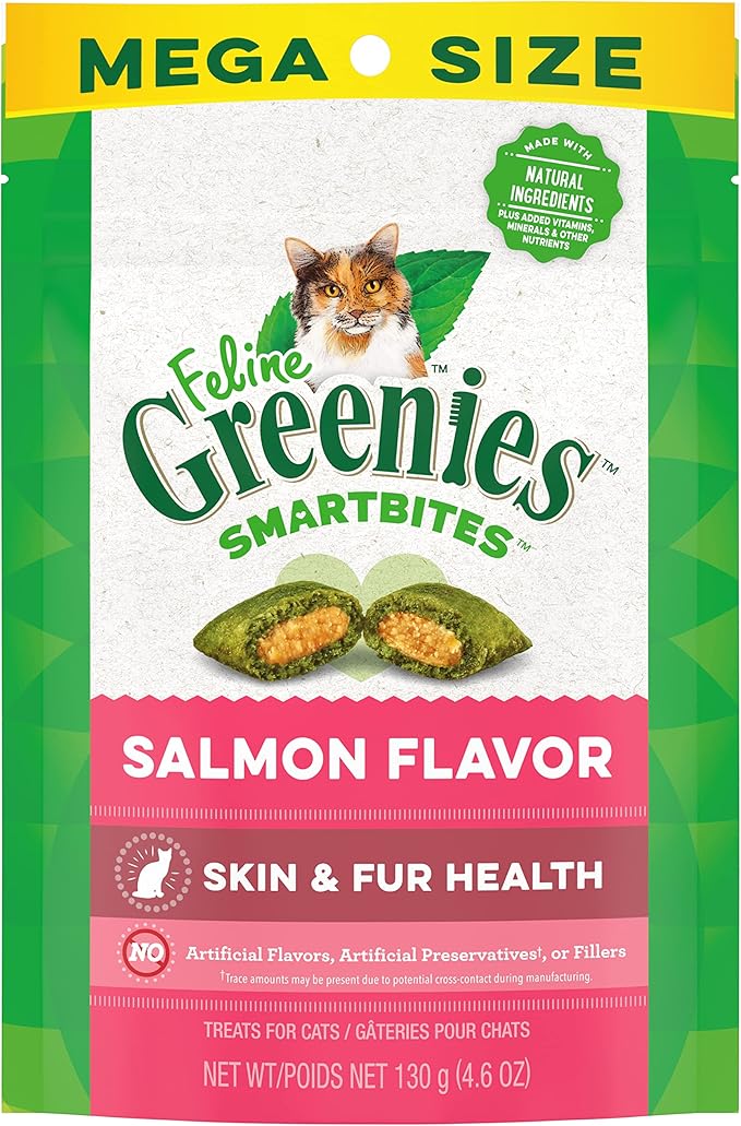 FELINE GREENIES SMARTBITES Skin & Fur Health Crunchy and Soft Natural Cat Treats, Salmon Flavor, 4.6 oz. Pack GREENIES