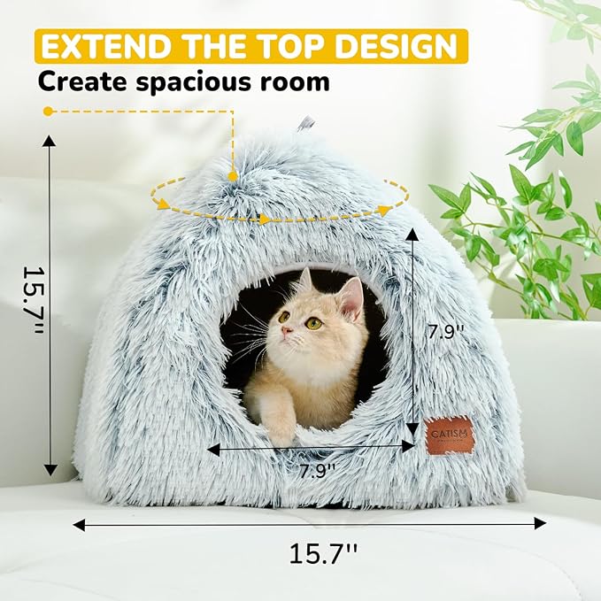CATISM Cat Bed, Cat Cave for Indoor Cats, Soft Cat Dome, Self-Warming 2 in 1 Foldable Pet Cat House with Washable Cushioned Pillow Calming Fluffy Dog Beds for Small Dogs with Anti-Slip Bottom Gray - PAWPICO