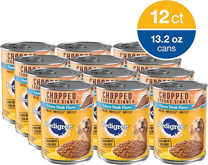 PEDIGREE CHOPPED GROUND DINNER Adult Canned Soft Wet Dog Food, T-Bone Steak Flavor, 13.2 oz. Cans (Pack of 12) - PAWPICO