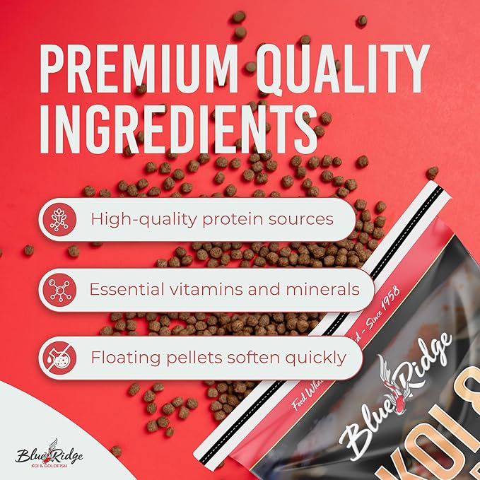 Blue Ridge Koi Fish Food 25lb - Koi Food 3/16” Large and Mini Blend Growth Formula, Goldfish Food, Premium Fish Food for Ponds, Ponds Fish Food, Floating Pond Pellets BlueRidgeFishHatchery