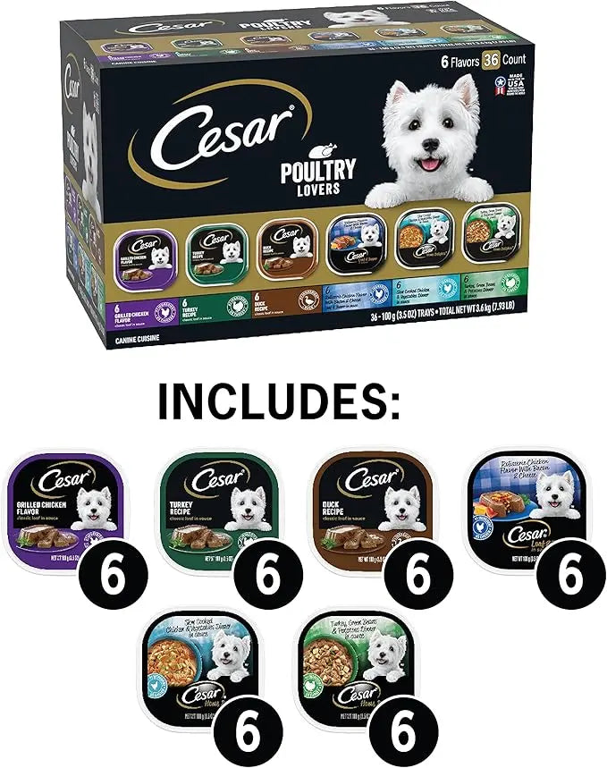 CESAR Adult Wet Dog Food Classic Loaf in Sauce Poultry Lovers Variety Pack, 3.5 oz. Easy Peel Trays with Real Chicken, Turkey or Duck, Pack of 36 - PAWPICO