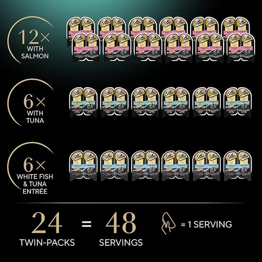 SHEBA Perfect Portions Cuts in Gravy Wet Cat Food Trays (24 Count, 48 Servings), Gourmet Salmon, Sustainable Tuna, And Delicate Whitefish & Tuna Entrée, Easy Peel Twin-Pack Trays - PAWPICO