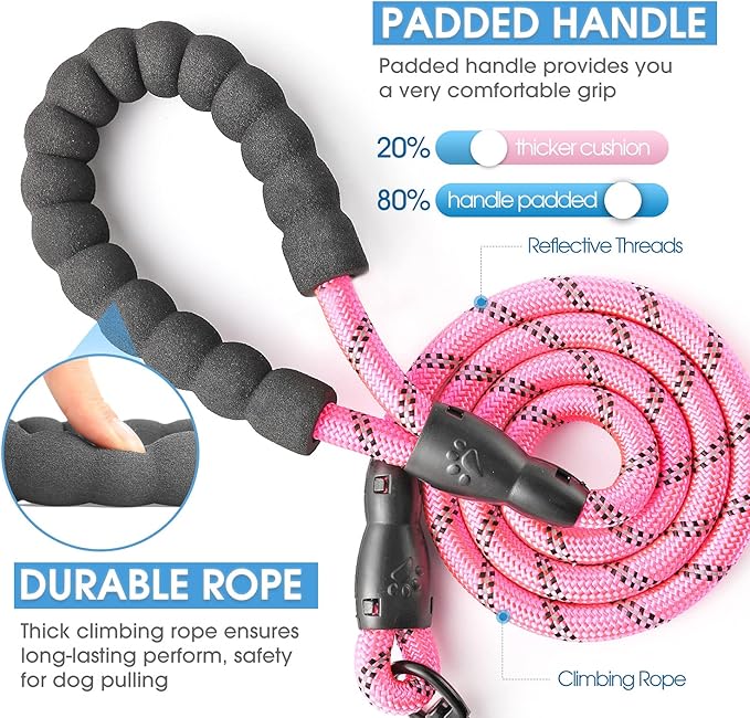 BAAPET 2/4/5/6 FT Dog Leash with Comfortable Padded Handle and Highly Reflective Threads for Small Medium and Large Dogs (5FT-1/2'', Pink) BAAPET