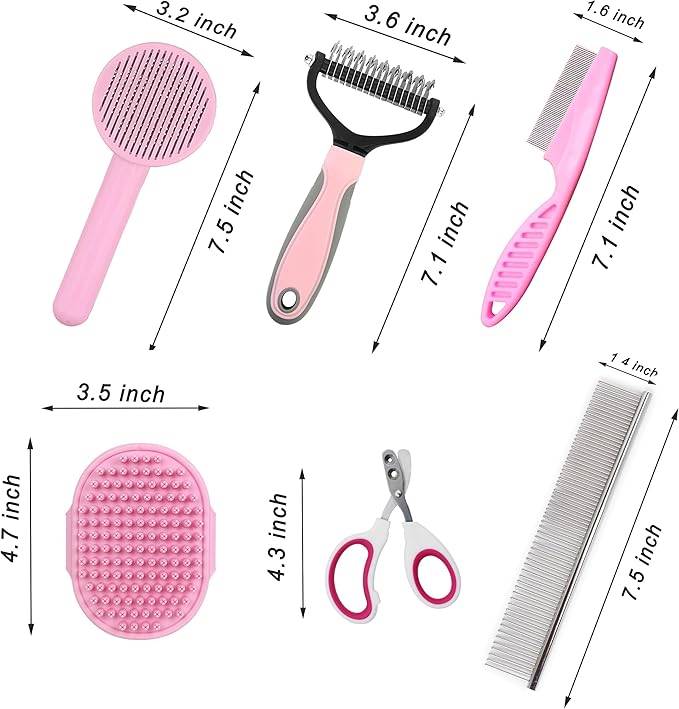 Cat Brush Grooming Kit 6pcs - Cat Brushes for indoor Cats Shedding, Dog Brushes Kit for Small Dogs,Cat Brushes for Shedding for Long Haired Cats, Pet Self Cleaning Kit with Flea Comb Set Pink - PAWPICO