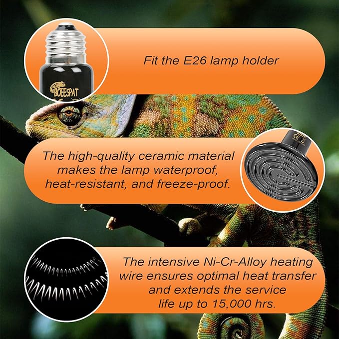 High Efficiency 75W Ceramic Heat Emitters, Pack of 2 Reptile Heat Lamp Bulbs for Bearded Dragon, Lizard, Iguana, Geckos & Small Pets Basking (Black, 75 Watts) BOEESPATDirect