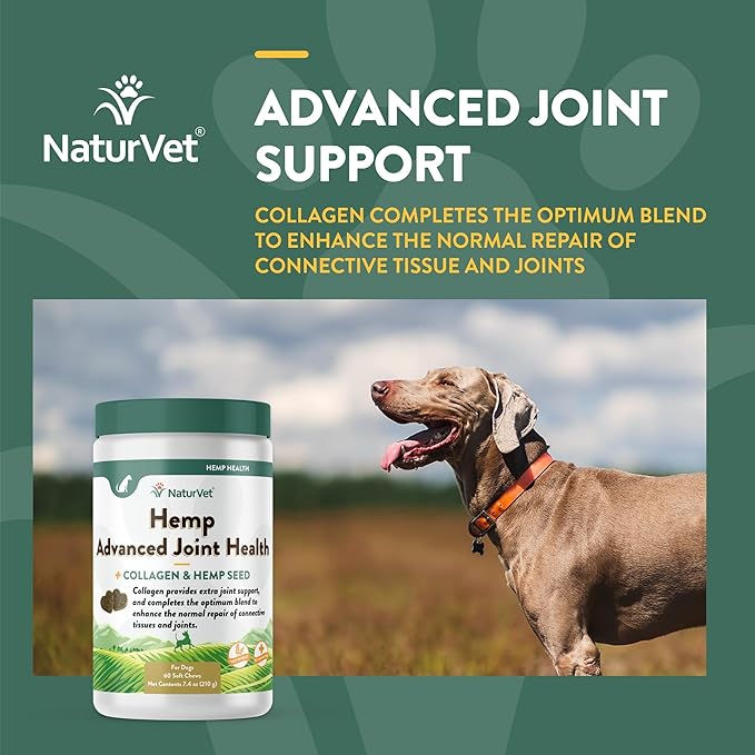 NaturVet Hemp Advanced Joint Health Dog Supplement Plus Hemp Seed – Helps Support Joint Health in Dogs – Includes, Collagen, Glucosamine, MSM, Chondroitin, Omegas – 60 Ct. NaturVet