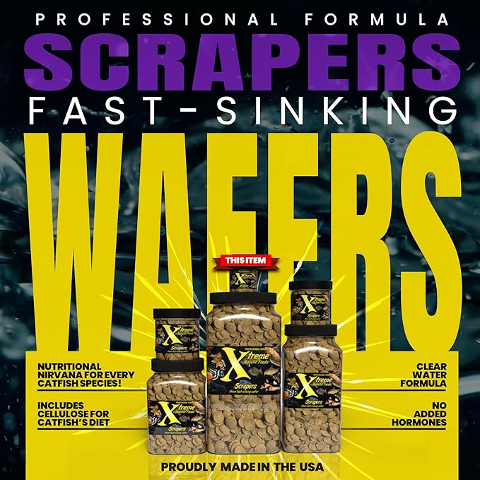Xtreme Scrapers Wafers - Premium 14mm Fast-Sinking Fish Food – Nutrient & Cellulose Rich Ideal for Nocturnal Feeders, Catfish, Plecostomus Species, and Loaches – USA Farm Grown (2oz) XtremeAquaticFoods