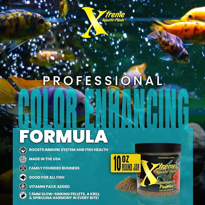 Xtreme Community Peewee 1.5mm Pellets: Slow Sinking & Ideal for Community Fish - Boosts Immune & Digestive Health, Enhances Color & Energy, Max Protein Fish Food – USA Farm Grown (10oz) XtremeAquaticFoods