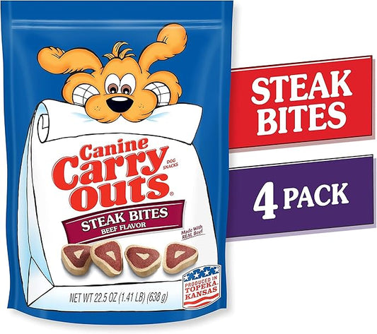 Canine Carry Outs Dog Treats, Steak Bites, 22.5 Ounce (Pack of 4), Made with Real Beef - PAWPICO