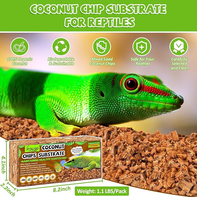 Legigo 4 Pack Coconut Chip Substrate for Reptiles, Natural Coco Husk Chip Reptiles Bedding, Compressed Coconut Chip Substrate for Snake, Tortoise, Ball Python, Gecko, Lizard Terrarium Tanks Legigo