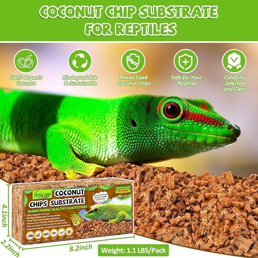 Legigo 4 Pack Coconut Chip Substrate for Reptiles, Natural Coco Husk Chip Reptiles Bedding, Compressed Coconut Chip Substrate for Snake, Tortoise, Ball Python, Gecko, Lizard Terrarium Tanks Legigo