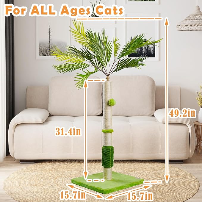 MeowHomm Cat Scratching Post, Cat Palm Tree for Indoor Cats with Natural Sisal Scratch Pole Hanging Sisal Ropes and Balls, Cute 40" Tall Cat Scratcher for Large Cat and Kittens - PAWPICO