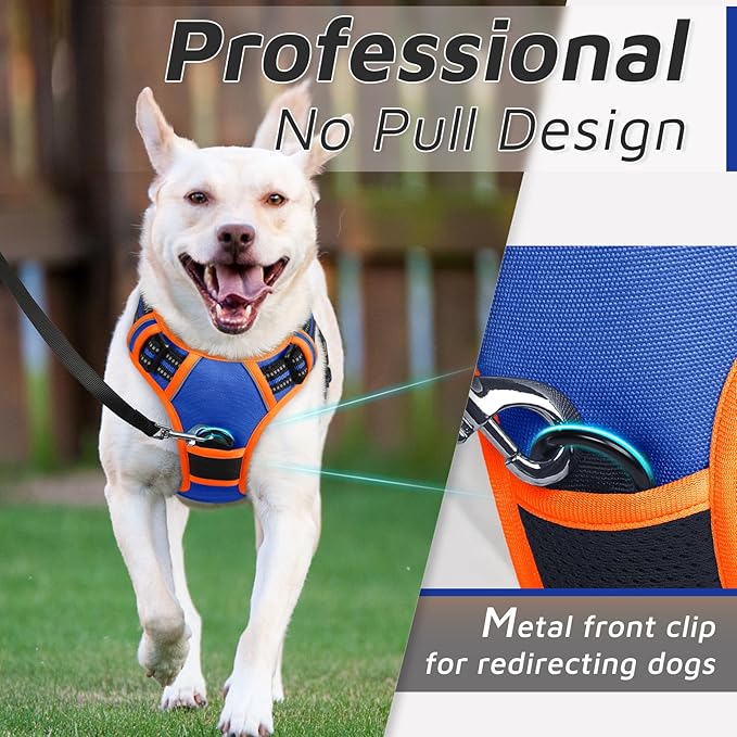 Eagloo Dog Harness for Large Dogs, No Pull Service Vest with Reflective Strips and Control Handle, Adjustable and Comfortable for Easy Walking, No Choke Harness with 2 Metal Rings, Blue & Orange, L GoExplorewithEagloo
