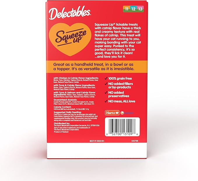 Delectables Squeeze Up Catnip Variety Pack, Creamy Squeezable Puree, Lickable Wet Cat Treats, Grain Free, No Added Fillers, No by-Products, No Added Preservatives, 0.5 Ounces Tube, 20 Tubes Total Hartz