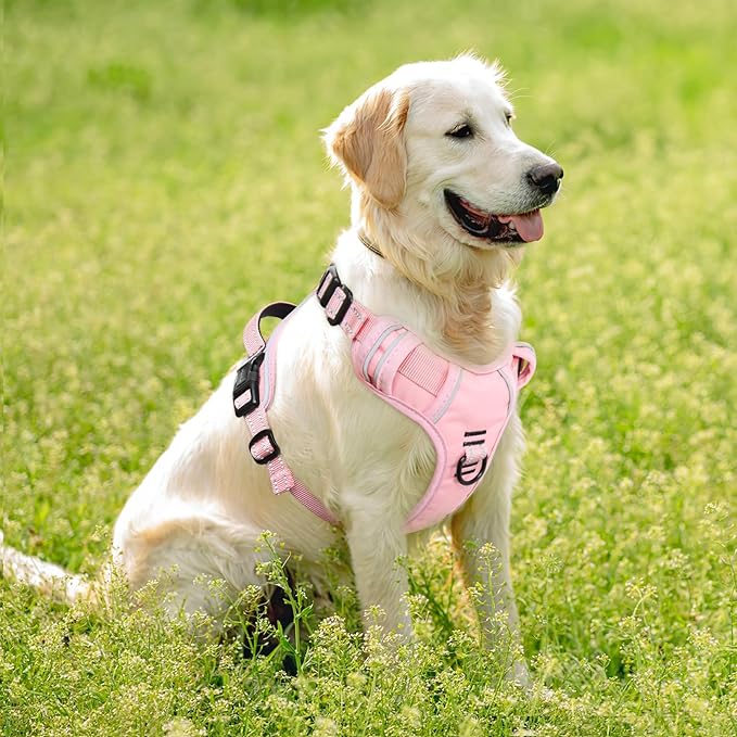 Timos Dog Harness, 3 Snap Buckles No-Pull Soft Padded Dog Vest with 2 Metal Leash Clips, Adjustable Reflective No Choke Pet Harness with Easy Control Handle for Large Dogs,Pale Pink,L Timos