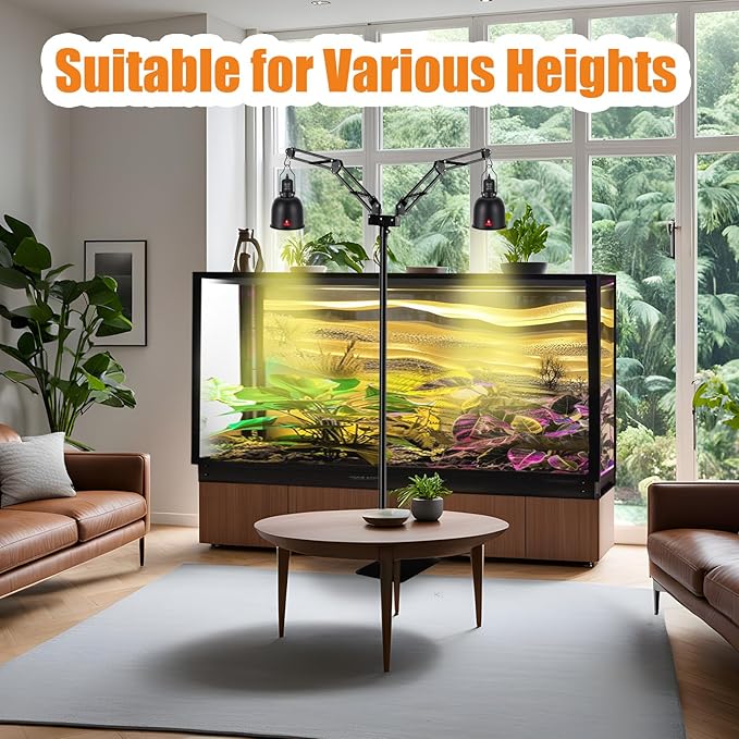 Dual Reptile Lamp Stand Reptile Light Stand with Two Flexible Brackets,Height Adjustable (15.7inch to 74.3inch) Reptile Heat Lamp Stand for Hanging Heat Lamp Holder and Light Fixture DXOPHIEX