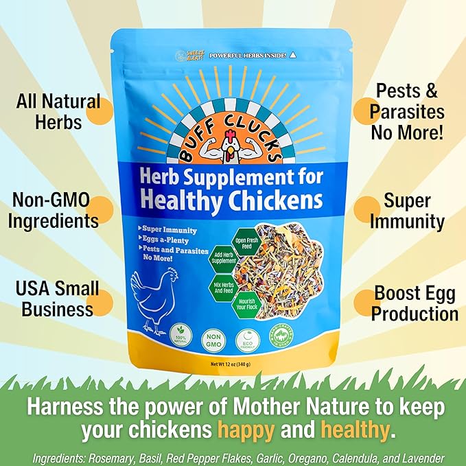 BuffClucks Herb Supplement for Backyard Chickens - Natural Chicken Treats, Poultry Feed Botanical Mix, Plant-Based Coop Snacks for Daily Wellness, Feather Quality, Egg Production - Crafted in USA 12oz PAWPICO