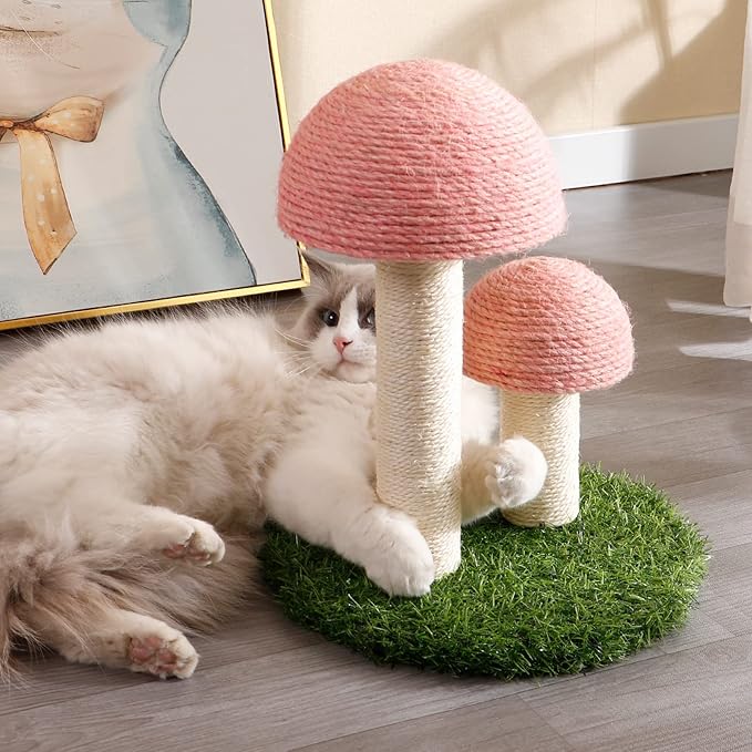 Cat Scratching Post - Mushroom Cat Scratcher Featuring with Natural Sisal Caps Scratch Pole and Sturdy Base for Kittens & Small Cats - Pink - PAWPICO