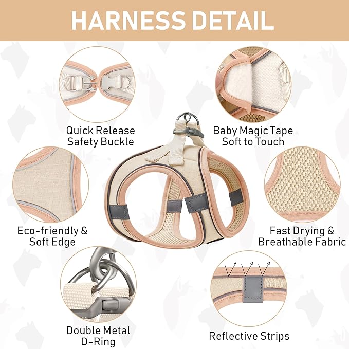 GAMUDA Small Pet Harness Collar and Leash Set, Step in No Chock No Pull Linen Fabric Soft Mesh Dog Vest Harnesses Reflective for Dogs Puppy Cats Kitten Rabbit (Khaki, M) GAMUDACollarsCollection