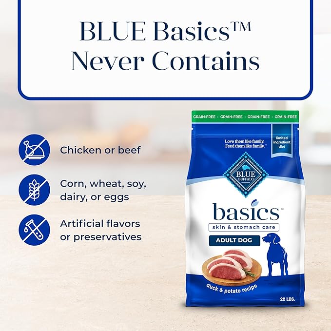 Blue Buffalo Basics Grain-Free Dry Dog Food for Adult Dogs, Limited Ingredient Diet, Duck Recipe, 22-lb. Bag - PAWPICO