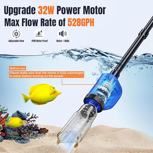 Aquarium Vacuum Gravel Cleaner, 32W 6 in 1 Electric Fish Tank Vacuum Gravel Cleaner,Fish Tank Cleaner for Aquarium Water Changer Sand Gravel Cleaner Remove Dirt Water Shower Water Circulation PAWPICO