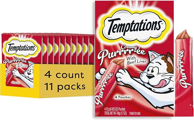 Temptations Creamy Puree with Beef Liver Lickable Cat Treats, 0.42 oz Pouches, 4 Count (Pack of 11) - Total 44 Count Temptations