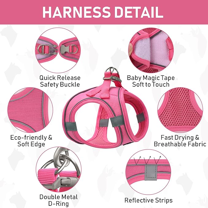 GAMUDA Small Pet Harness Collar and Leash Set, Step in No Chock No Pull Linen Fabric Soft Mesh Dog Vest Harnesses Reflective for Dogs Puppy Cats Kitten Rabbit (Pink, XS) GAMUDACollarsCollection