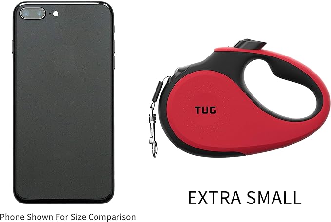 TUG Tiny 360° Tangle-Free Retractable Dog Leash with Anti-Slip Handle | 10 ft Nylon Tape | One-Handed Brake, Pause, Lock (Red) TUG