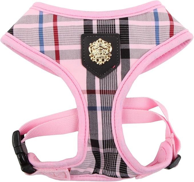 puppia Junior Over-The-Head Dog Harness Checkered Pattern No Choke No Pull Adjustable Chest Belt Walking Training for Small and Medium Dog, X-Small, Pink PUPPIA