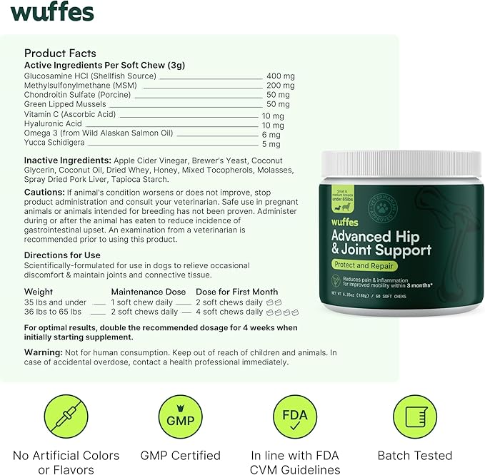Wuffes Chewable Dog Hip & Joint Supplement - Glucosamine & Chondroitin Chews - Dog Joint Supplements & Vitamins - Extended Joint Care (Small&Medium Breeds (0-65 lbs), 180 Chews (Pack of 3)) Wuffes